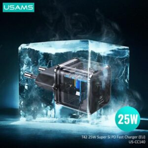 USAMS Laidinis įkroviklis 1xUSB-C T42 mini 25W (only head) Super SI 5V-3A PD3.0 Fast Charging juodos spalvos CC1 - Image 3