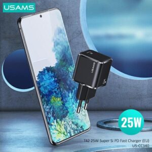 USAMS Laidinis įkroviklis 1xUSB-C T42 mini 25W (only head) Super SI 5V-3A PD3.0 Fast Charging juodos spalvos CC1 - Image 4