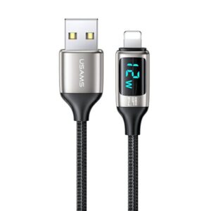 USAMS Braided Kabelis U78 Lightning 1.2m LED 2.4A Fast Charging silver juodos spalvos SJ543USB02 (US-SJ543) - Image 1