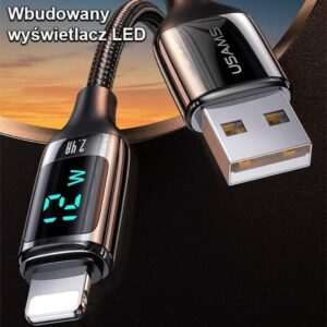 USAMS Braided Kabelis U78 Lightning 1.2m LED 2.4A Fast Charging silver juodos spalvos SJ543USB02 (US-SJ543) - Image 2