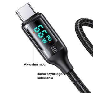 USAMS Braided Kabelis U78 USB-C 1.2m LED 6A Fast Charging juodos spalvos SJ544USB01 (US-SJ544) - Image 3