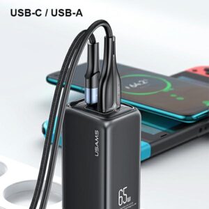 USAMS Laidinis įkroviklis 1xUSB-C+1xUSB T47 65W (only head) PD Fast Charging Super Si juodos spalvos CC153TC01(US-CC - Image 6