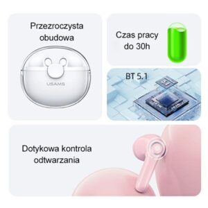 USAMS Bluetooth 5.1 TWS BU Series belaidės ausinės rožinės spalvos BHUBU04 - Image 3