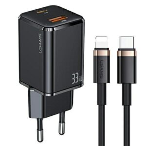 USAMS Laidinis įkroviklis 1xUSB-C+1xUSB T43 33W PD3.0 + QC3.0 + U63 cable USB-C to Lightning juodos spalvos USKT - Image 1