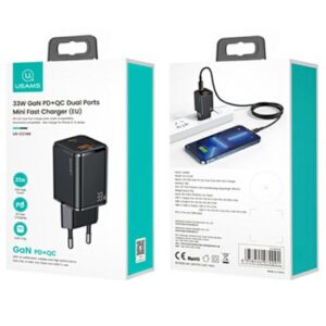 USAMS Laidinis įkroviklis 1xUSB-C+1xUSB T43 33W PD3.0 + QC3.0 + U63 cable USB-C to Lightning juodos spalvos USKT - Image 10