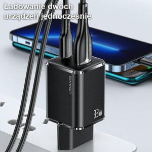 USAMS Laidinis įkroviklis 1xUSB-C+1xUSB T43 33W PD3.0 + QC3.0 + U63 cable USB-C to Lightning juodos spalvos USKT - Image 7