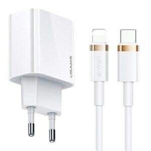 USAMS Laidinis įkroviklis 1xUSB-C T34 20W 5V-3A PD3.0 + U63 cable USB-C to Lightning 20W baltos spalvos (T49) - Image 1