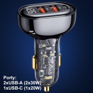 USAMS automobilinis įkroviklis 2xUSB+1xUSB-C 80W Fast Charge blue CC159CC02 (US-CC159) - Image 5