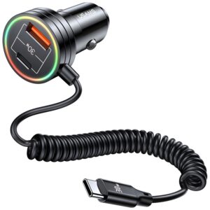 USAMS automobilinis įkroviklis 2xUSB-C 1xUSB-A C33 60W with spring cable Fast Charge black CC167CC01 (US-CC167) - Image 1
