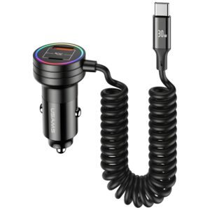 USAMS automobilinis įkroviklis 2xUSB-C 1xUSB-A C33 60W with spring cable Fast Charge black CC167CC01 (US-CC167) - Image 2