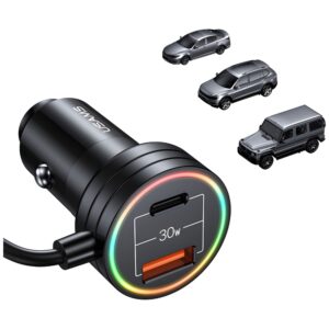 USAMS automobilinis įkroviklis 2xUSB-C 1xUSB-A C33 60W with spring cable Fast Charge black CC167CC01 (US-CC167) - Image 4