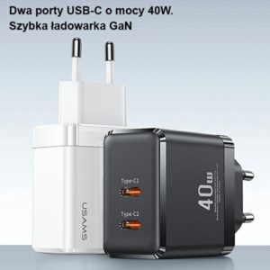 USAMS Laidinis įkroviklis 2xUSB-C T54 GaN 40W (only head) PD Fast Charging baltos spalvos CC172TC02 (US-CC172) - Image 2