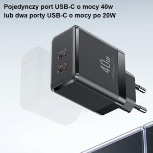 USAMS Laidinis įkroviklis 2xUSB-C T54 GaN 40W (only head) PD Fast Charging baltos spalvos CC172TC02 (US-CC172) - Image 4