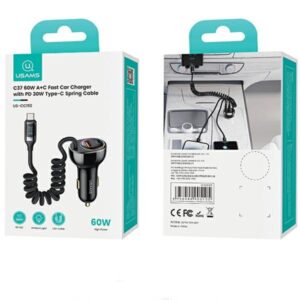 USAMS automobilinis įkroviklis C37 1xUSB+1xUSB-C 60W +USB-C Cable 30W PD+QC Fast Charge black CC192CC01 - Image 10