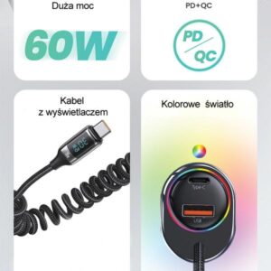 USAMS automobilinis įkroviklis C37 1xUSB+1xUSB-C 60W +USB-C Cable 30W PD+QC Fast Charge black CC192CC01 - Image 2