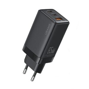 USAMS Laidinis įkroviklis 2xUSB-C+1xUSB 65W (only head) GaN PD3.0 + QC3.0 Fast Charging juodos spalvos Sandru Series - Image 1