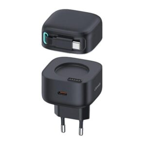USAMS Charger 1xUSB-C with retractable USB-C cable (only head) PD+QC 35W Gan Fast Charging juodos spalvos - Image 1