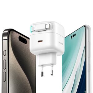 USAMS Charger 1xUSB-C with retractable USB-C cable (only head) PD+QC 35W Gan Fast Charging juodos spalvos - Image 2