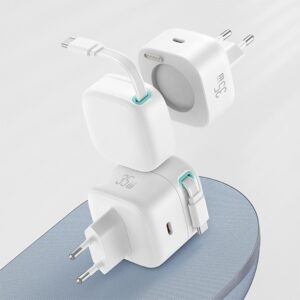 USAMS Charger 1xUSB-C with retractable USB-C cable (only head) PD+QC 35W Gan Fast Charging juodos spalvos - Image 4