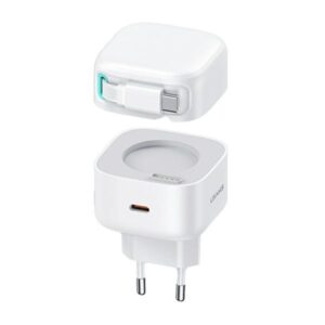 USAMS Charger 1xUSB-C with retractable USB-C cable (only head) PD+QC 35W Gan Fast Charging baltos spalvos - Image 1