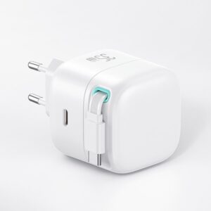 USAMS Charger 1xUSB-C with retractable USB-C cable (only head) PD+QC 35W Gan Fast Charging baltos spalvos - Image 5
