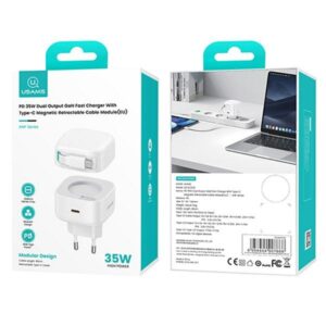 USAMS Charger 1xUSB-C with retractable USB-C cable (only head) PD+QC 35W Gan Fast Charging baltos spalvos - Image 6