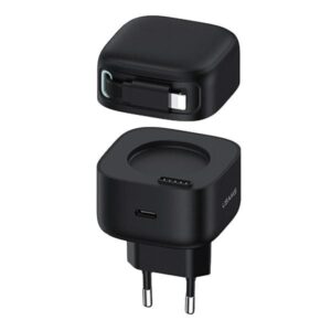 USAMS Charger 1xUSB-C with retractable cable Lightning (only head) PD+QC 35W Gan Fast Charging juodos spalvos - Image 1