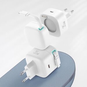 USAMS Charger 1xUSB-C with retractable cable Lightning (only head) PD+QC 35W Gan Fast Charging juodos spalvos - Image 2
