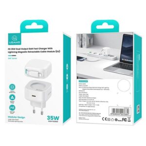 USAMS Charger 1xUSB-C with retractable cable Lightning (only head) PD+QC 35W Gan Fast Charging juodos spalvos - Image 6