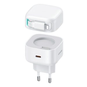 USAMS Charger 1xUSB-C with retractable cable Lightning (only head) PD+QC 35W Gan Fast Charging baltos spalvos - Image 1