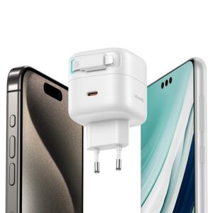 USAMS Charger 1xUSB-C with retractable cable Lightning (only head) PD+QC 35W Gan Fast Charging baltos spalvos - Image 3