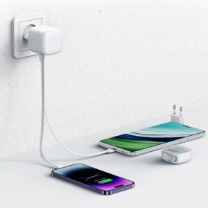 USAMS Charger 1xUSB-C with retractable cable Lightning (only head) PD+QC 35W Gan Fast Charging baltos spalvos - Image 5