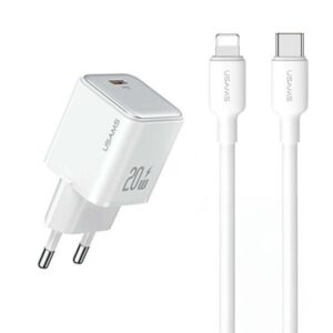 USAMS Charger 1xUSB-C PD20WPD3.0 Fast Charging US-CC183 + USB-C/Lightning cable US-SJ610 baltos spalvos - Image 1