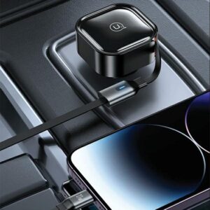 USAMS automobilinis įkroviklis with retractable cable 1xUSB-C+1x Lightning C41 PD 30W Fast Charge black/black CC2 - Image 10