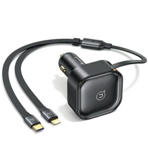 USAMS automobilinis įkroviklis with retractable cable 1xUSB-C+1x Lightning C41 PD 30W Fast Charge black/black CC2 - Image 1