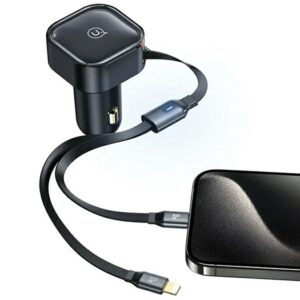 USAMS automobilinis įkroviklis with retractable cable 1xUSB-C+1x Lightning C41 PD 30W Fast Charge black/black CC2 - Image 2