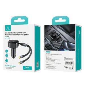 USAMS automobilinis įkroviklis with retractable cable 2xUSB-C C41 PD 30W Fast Charge black/black CC220CC01 (US-CC - Image 9