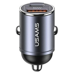 USAMS automobilinis įkroviklis 1xUSB+1xUSB-C C38 30WPD Fast Charge with Built-in Ring Steel/Tarnish CC206CC - Image 1