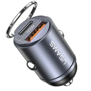 USAMS automobilinis įkroviklis 1xUSB+1xUSB-C C38 30WPD Fast Charge with Built-in Ring Steel/Tarnish CC206CC - Image 2