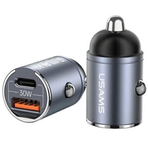 USAMS automobilinis įkroviklis 1xUSB+1xUSB-C C38 30WPD Fast Charge with Built-in Ring Steel/Tarnish CC206CC - Image 5
