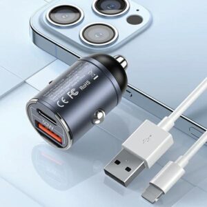 USAMS automobilinis įkroviklis 1xUSB+1xUSB-C C38 30WPD Fast Charge with Built-in Ring Steel/Tarnish CC206CC - Image 9