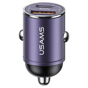 USAMS automobilinis įkroviklis 1xUSB+1xUSB-C C38 30WPD Fast Charge with Built-in Ring Purple CC206C - Image 1