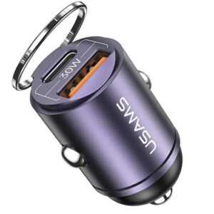 USAMS automobilinis įkroviklis 1xUSB+1xUSB-C C38 30WPD Fast Charge with Built-in Ring Purple CC206C - Image 2