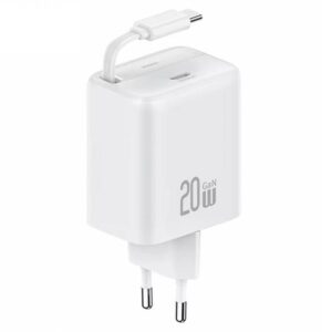 USAMS Charger 1xUSB-C with retractable USB-C Retractable PD+QC 20W Gan Fast Charging baltos spalvos - Image 1