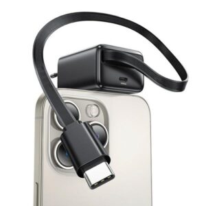 USAMS Charger 1xUSB-C with retractable USB-C Retractable PD+QC 20W Gan Fast Charging baltos spalvos - Image 2