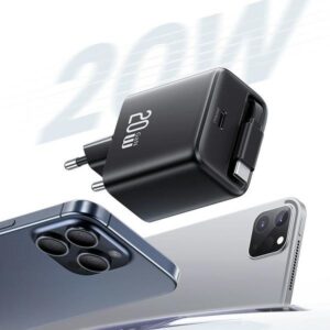 USAMS Charger 1xUSB-C with retractable USB-C Retractable PD+QC 20W Gan Fast Charging baltos spalvos - Image 3