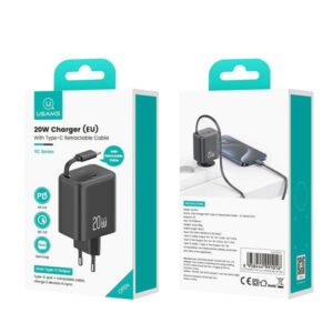 USAMS Charger 1xUSB-C with retractable USB-C Retractable PD+QC 20W Gan Fast Charging baltos spalvos - Image 8