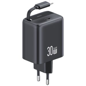 USAMS Charger 1xUSB-C with retractable USB-C Retractable PD+QC 30W Gan Fast Charging juodos spalvos - Image 1