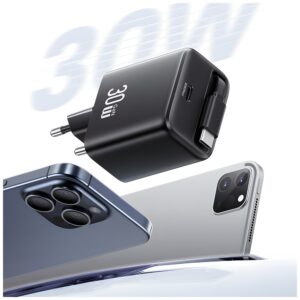 USAMS Charger 1xUSB-C with retractable USB-C Retractable PD+QC 30W Gan Fast Charging juodos spalvos - Image 10