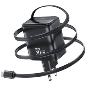 USAMS Charger 1xUSB-C with retractable USB-C Retractable PD+QC 30W Gan Fast Charging juodos spalvos - Image 2